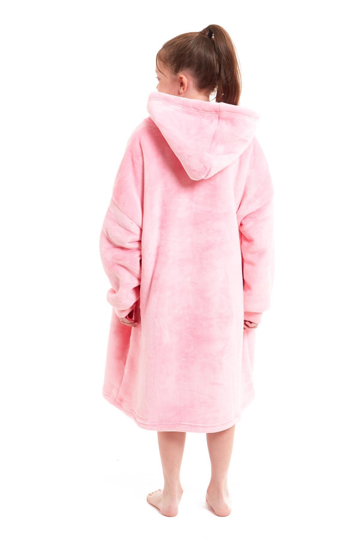 Kids Oversized Hooded Fleece Blanket With Sherpa Fur Elastic Cuffs Easy-Care Sofa and Bedroom Throw