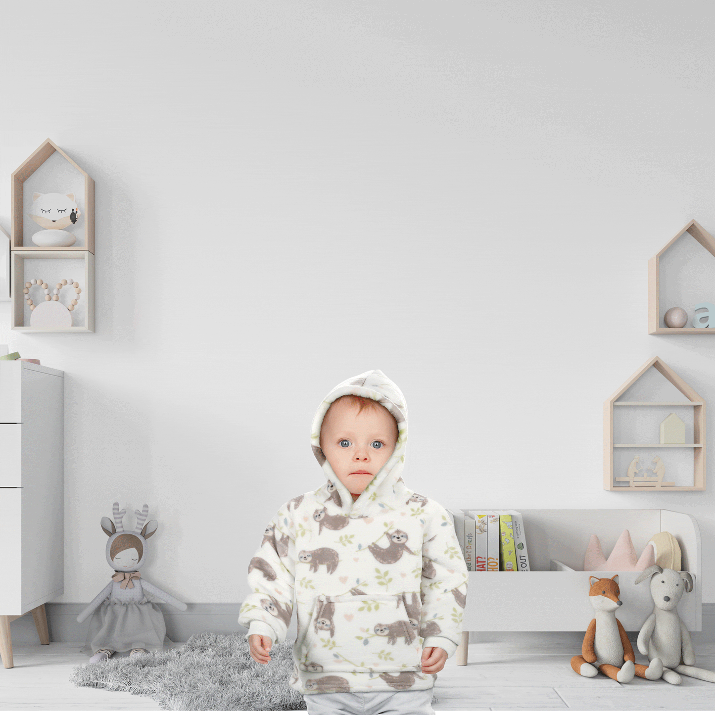 Daisy Dreamer Kids Hoodie Blanket Safari Sloth Wearable Sweatshirt for Cosy Home Layering