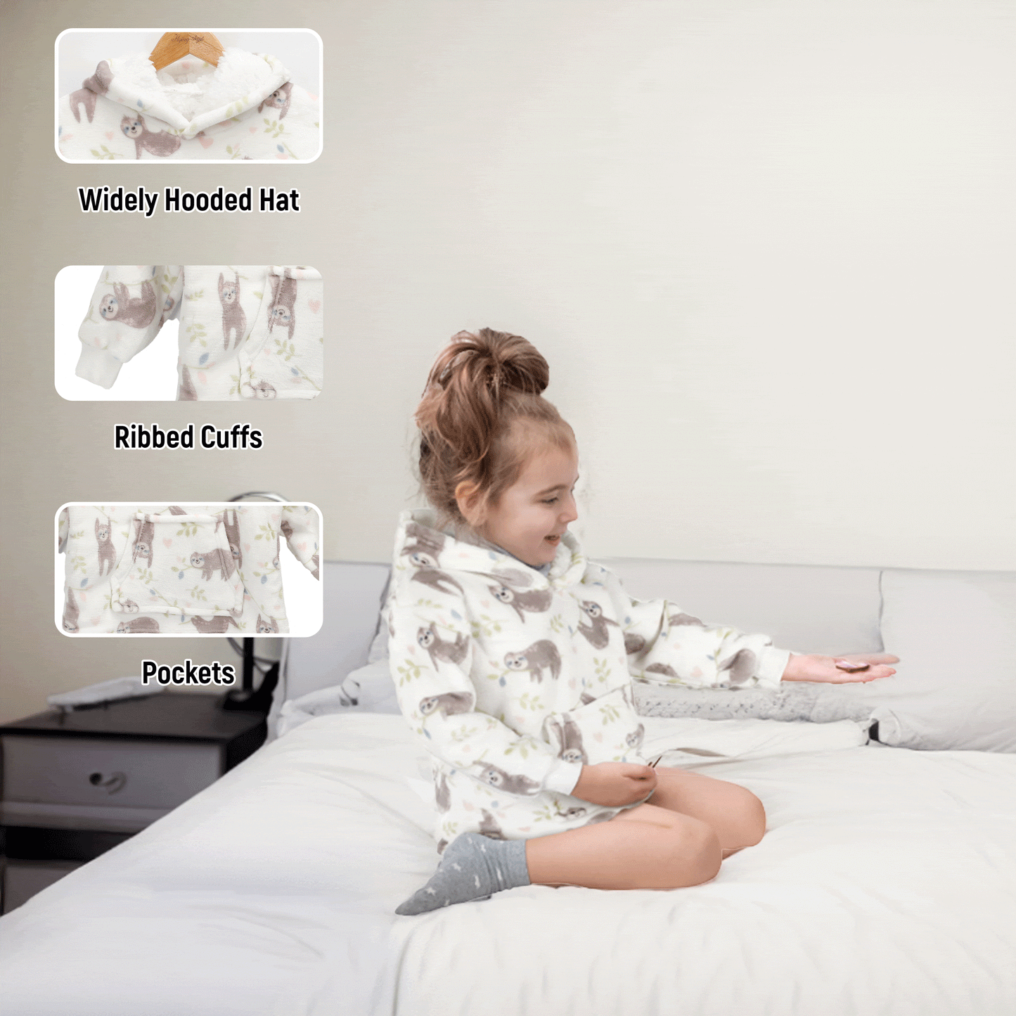 Daisy Dreamer Kids Hoodie Blanket Safari Sloth Wearable Sweatshirt for Cosy Home Layering