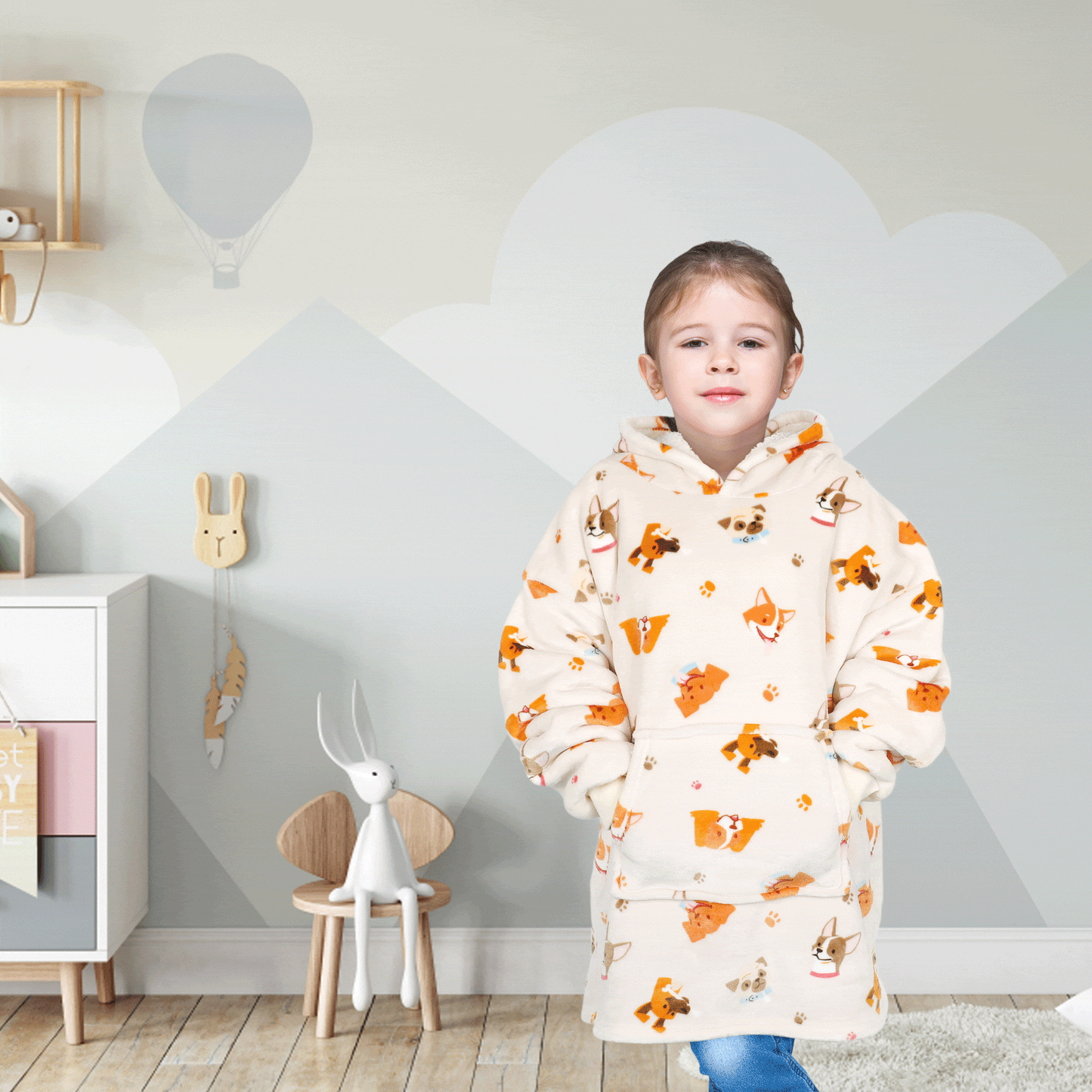 Kids Oversized Hooded Blanket Hoodie Sherpa Fur Fleece Dogs Pattern