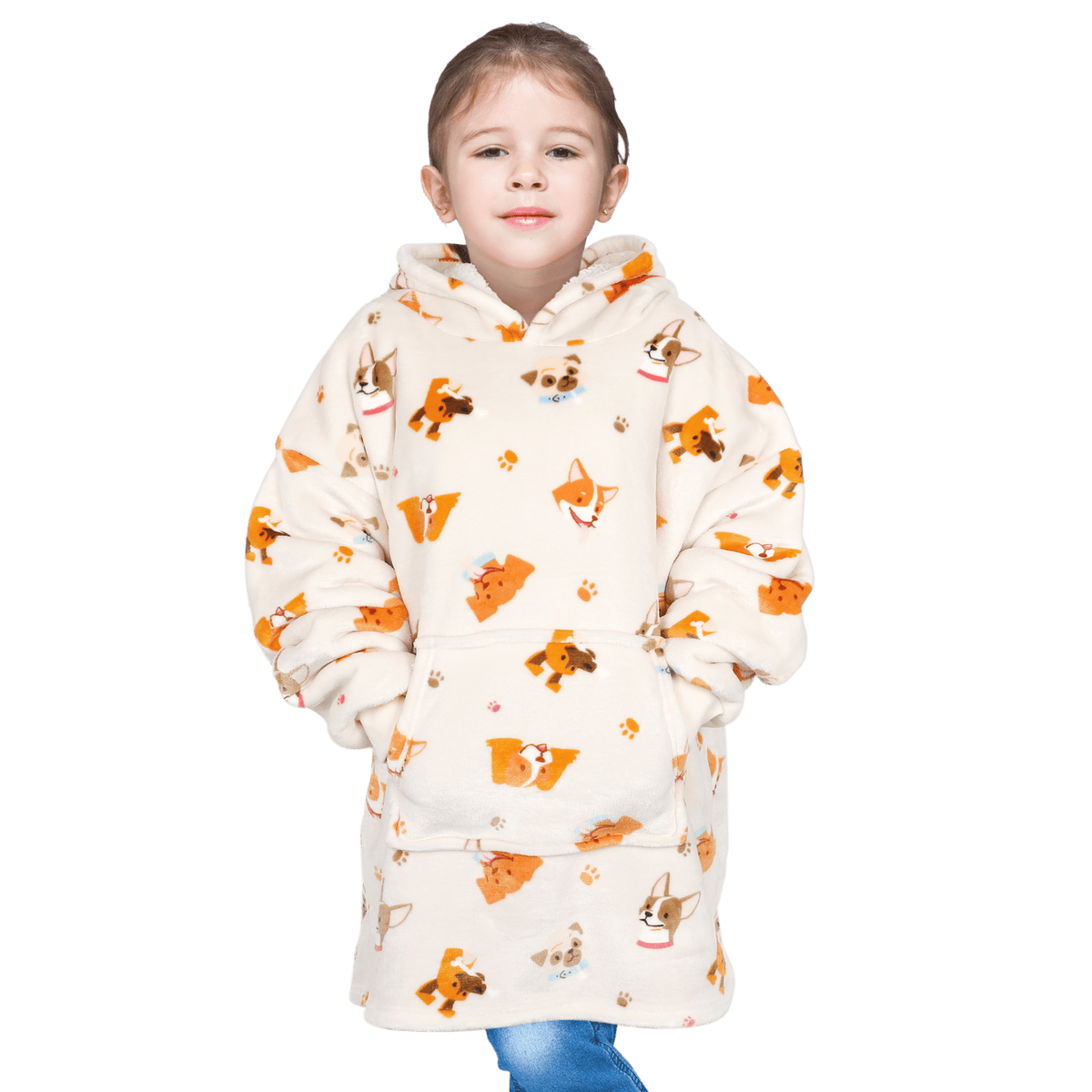 Kids Oversized Hooded Blanket Hoodie Sherpa Fur Fleece Dogs Pattern