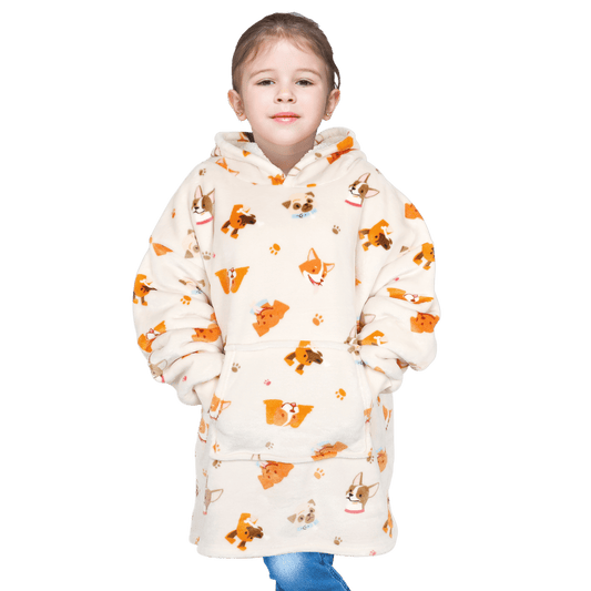 Kids Oversized Hooded Blanket Hoodie Sherpa Fur Fleece Dogs Pattern