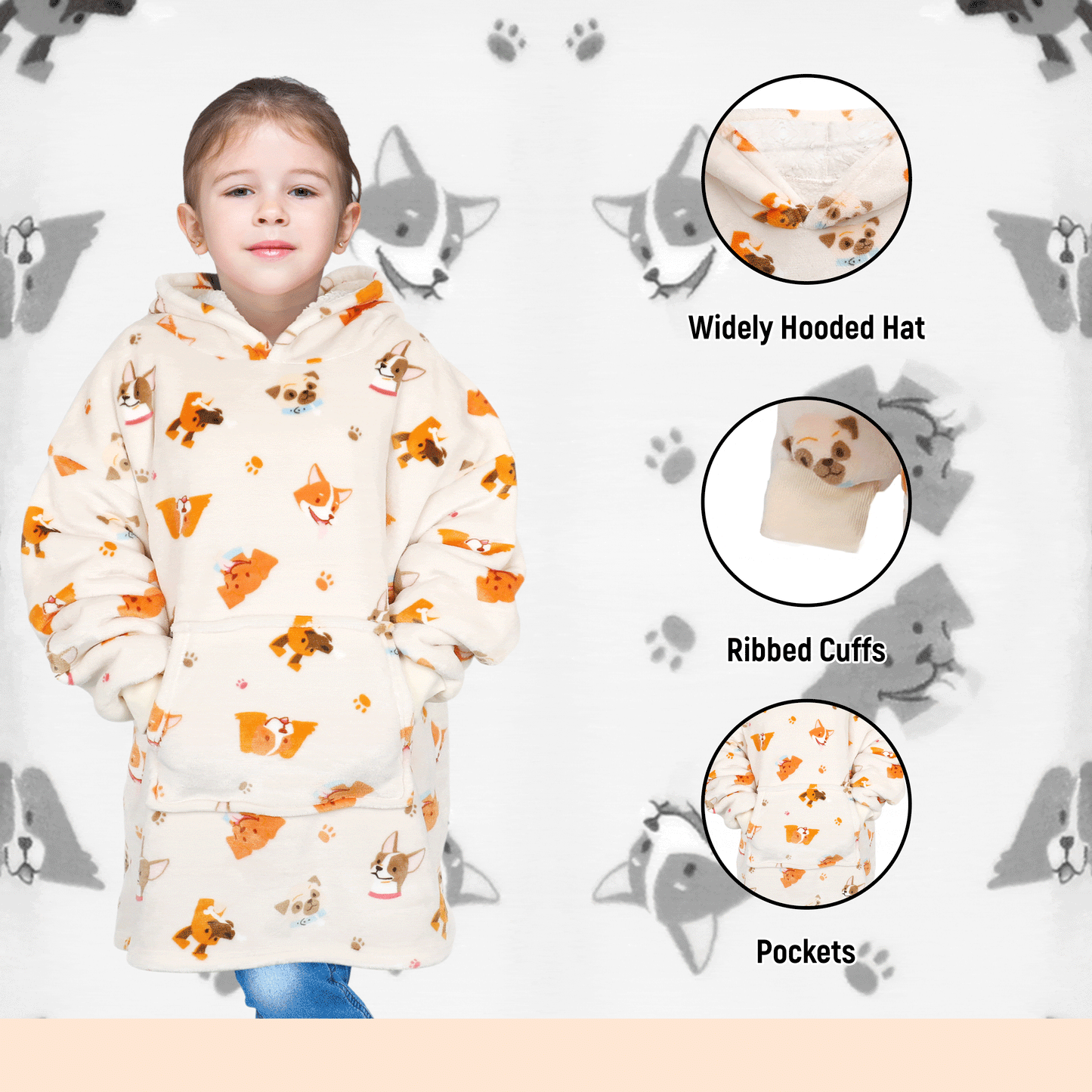 Kids Oversized Hooded Blanket Hoodie Sherpa Fur Fleece Dogs Pattern