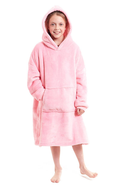 Kids Oversized Hooded Fleece Blanket With Sherpa Fur Elastic Cuffs Easy-Care Sofa and Bedroom Throw