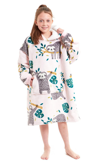 Kids Oversized Hooded Fleece Blanket With Sherpa Fur Elastic Cuffs Easy-Care Sofa and Bedroom Throw