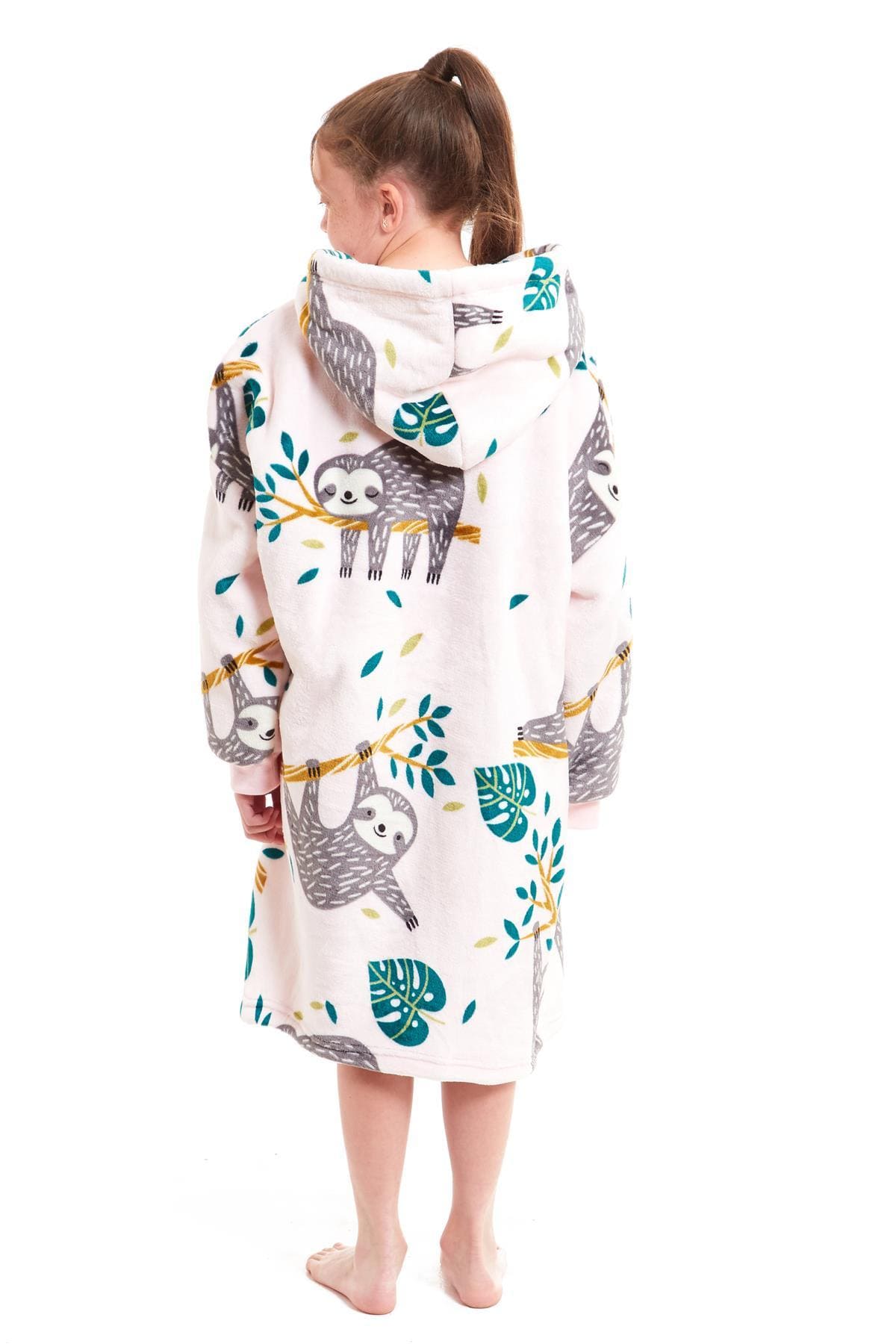 Kids Oversized Hooded Fleece Blanket With Sherpa Fur Elastic Cuffs Easy-Care Sofa and Bedroom Throw