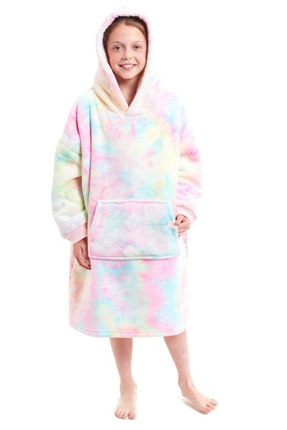 Kids Oversized Hooded Fleece Blanket With Sherpa Fur Elastic Cuffs Easy-Care Sofa and Bedroom Throw