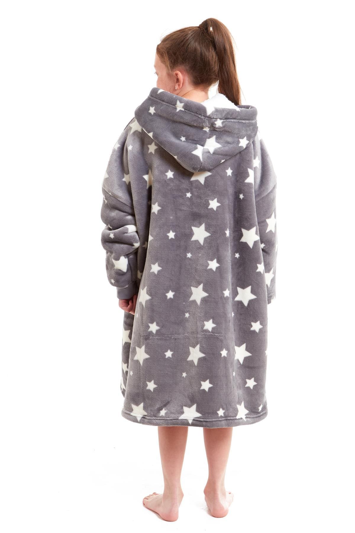 Kids Oversized Hooded Fleece Blanket With Sherpa Fur Elastic Cuffs Easy-Care Sofa and Bedroom Throw