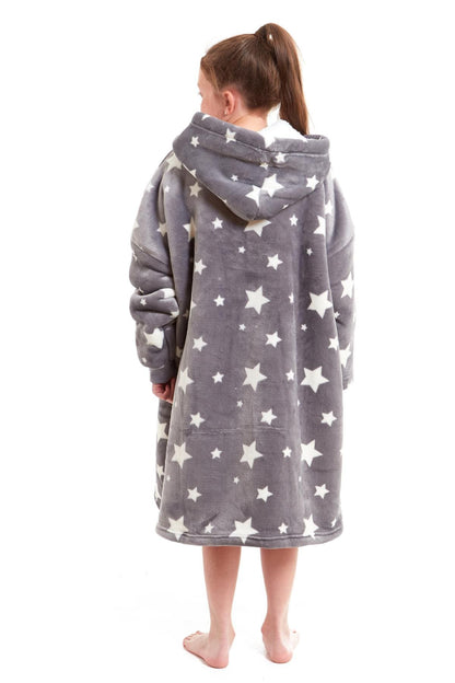 Kids Oversized Hooded Fleece Blanket With Sherpa Fur Elastic Cuffs Easy-Care Sofa and Bedroom Throw