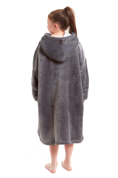Kids Oversized Hooded Fleece Blanket With Sherpa Fur Elastic Cuffs Easy-Care Sofa and Bedroom Throw