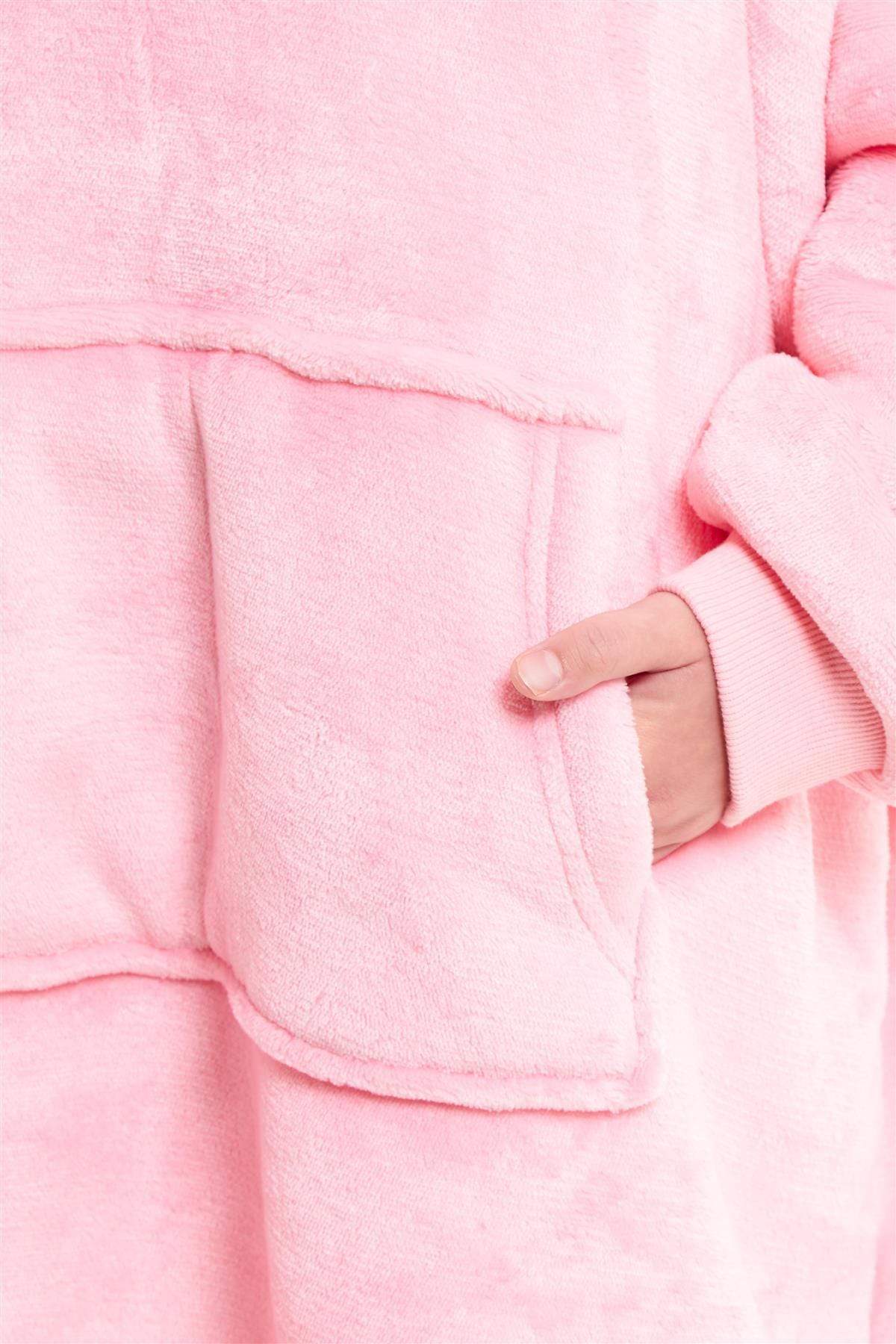 Kids Oversized Hooded Fleece Blanket With Sherpa Fur Elastic Cuffs Easy-Care Sofa and Bedroom Throw