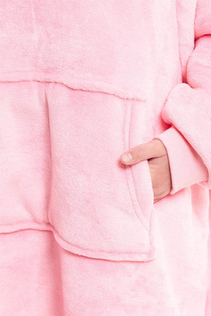 Kids Oversized Hooded Fleece Blanket With Sherpa Fur Elastic Cuffs Easy-Care Sofa and Bedroom Throw
