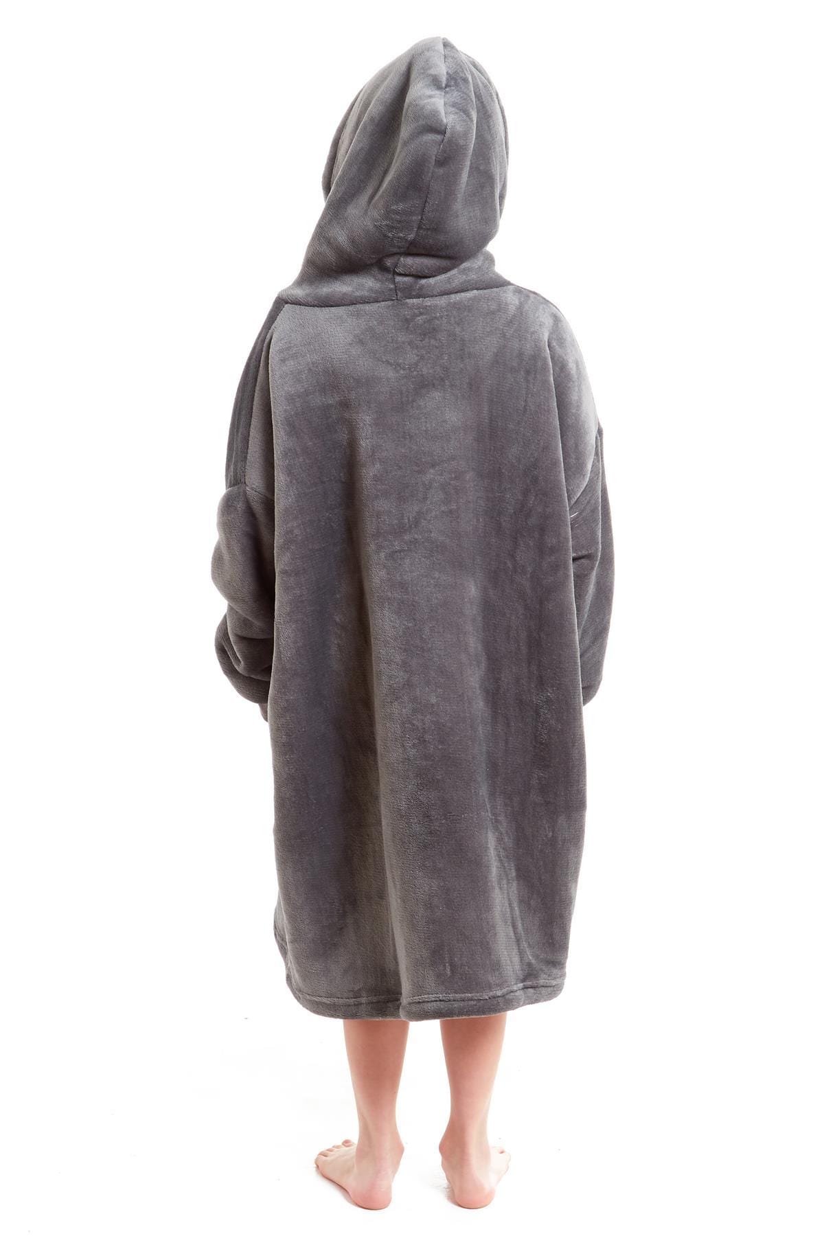 Kids Oversized Hooded Fleece Blanket With Sherpa Fur Elastic Cuffs Easy-Care Sofa and Bedroom Throw