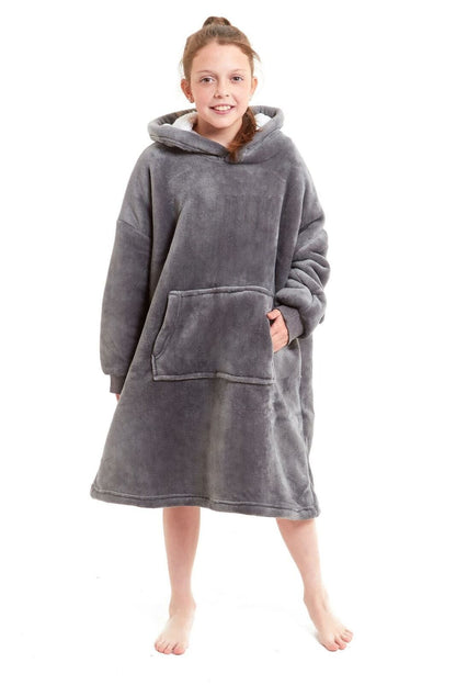 Kids Oversized Hooded Fleece Blanket With Sherpa Fur Elastic Cuffs Easy-Care Sofa and Bedroom Throw