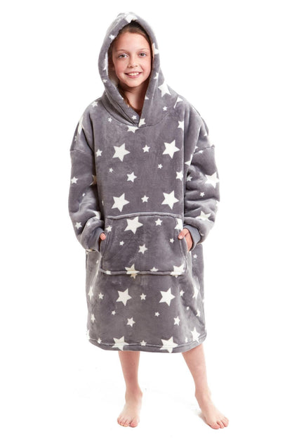 Kids Oversized Hooded Fleece Blanket With Sherpa Fur Elastic Cuffs Easy-Care Sofa and Bedroom Throw