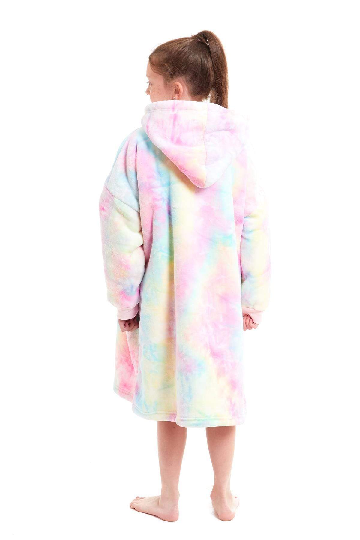 Kids Oversized Hooded Fleece Blanket With Sherpa Fur Elastic Cuffs Easy-Care Sofa and Bedroom Throw