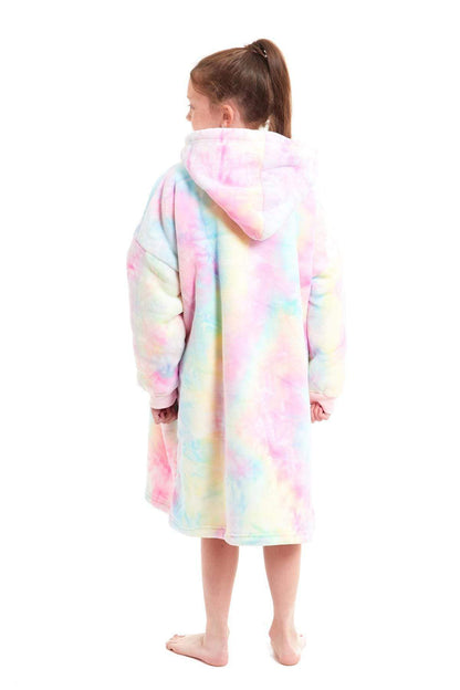 Kids Oversized Hooded Fleece Blanket With Sherpa Fur Elastic Cuffs Easy-Care Sofa and Bedroom Throw