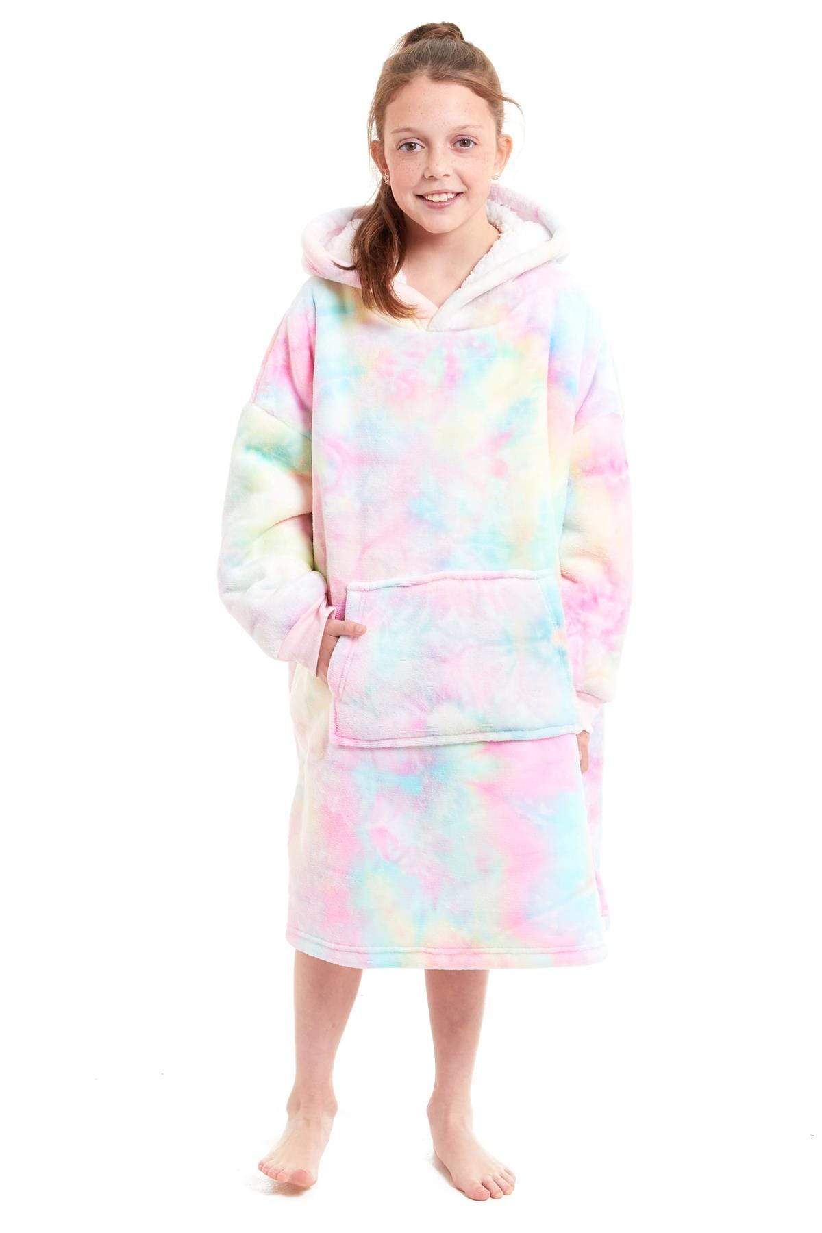 Kids Oversized Hooded Fleece Blanket With Sherpa Fur Elastic Cuffs Easy-Care Sofa and Bedroom Throw