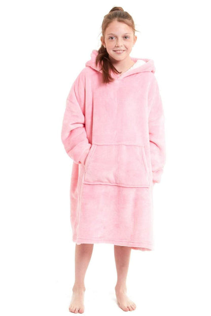 Kids Oversized Hooded Fleece Blanket With Sherpa Fur Elastic Cuffs Easy-Care Sofa and Bedroom Throw