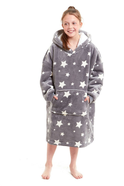 Kids Oversized Hooded Fleece Blanket With Sherpa Fur Elastic Cuffs Easy-Care Sofa and Bedroom Throw