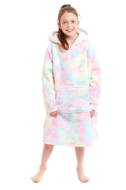 Kids Oversized Hooded Fleece Blanket With Sherpa Fur Elastic Cuffs Easy-Care Sofa and Bedroom Throw