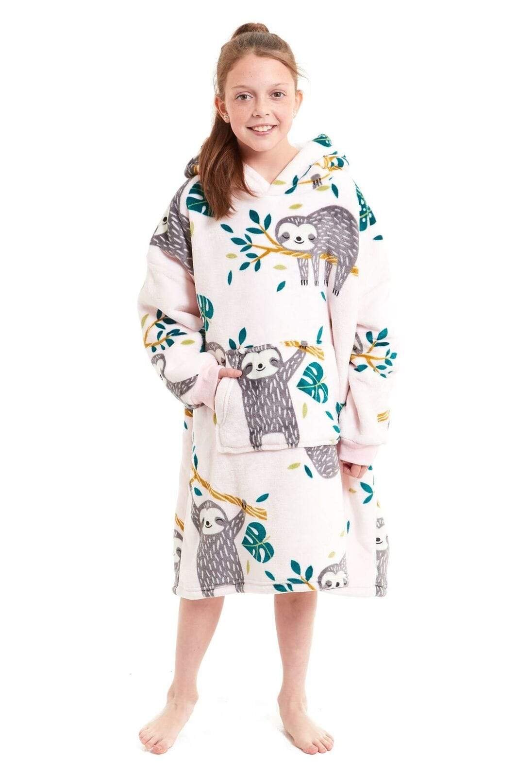 Kids Oversized Hooded Fleece Blanket With Sherpa Fur Elastic Cuffs Easy-Care Sofa and Bedroom Throw