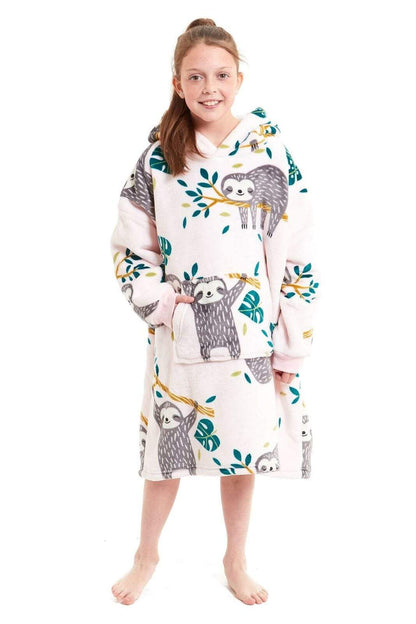 Kids Oversized Hooded Fleece Blanket With Sherpa Fur Elastic Cuffs Easy-Care Sofa and Bedroom Throw