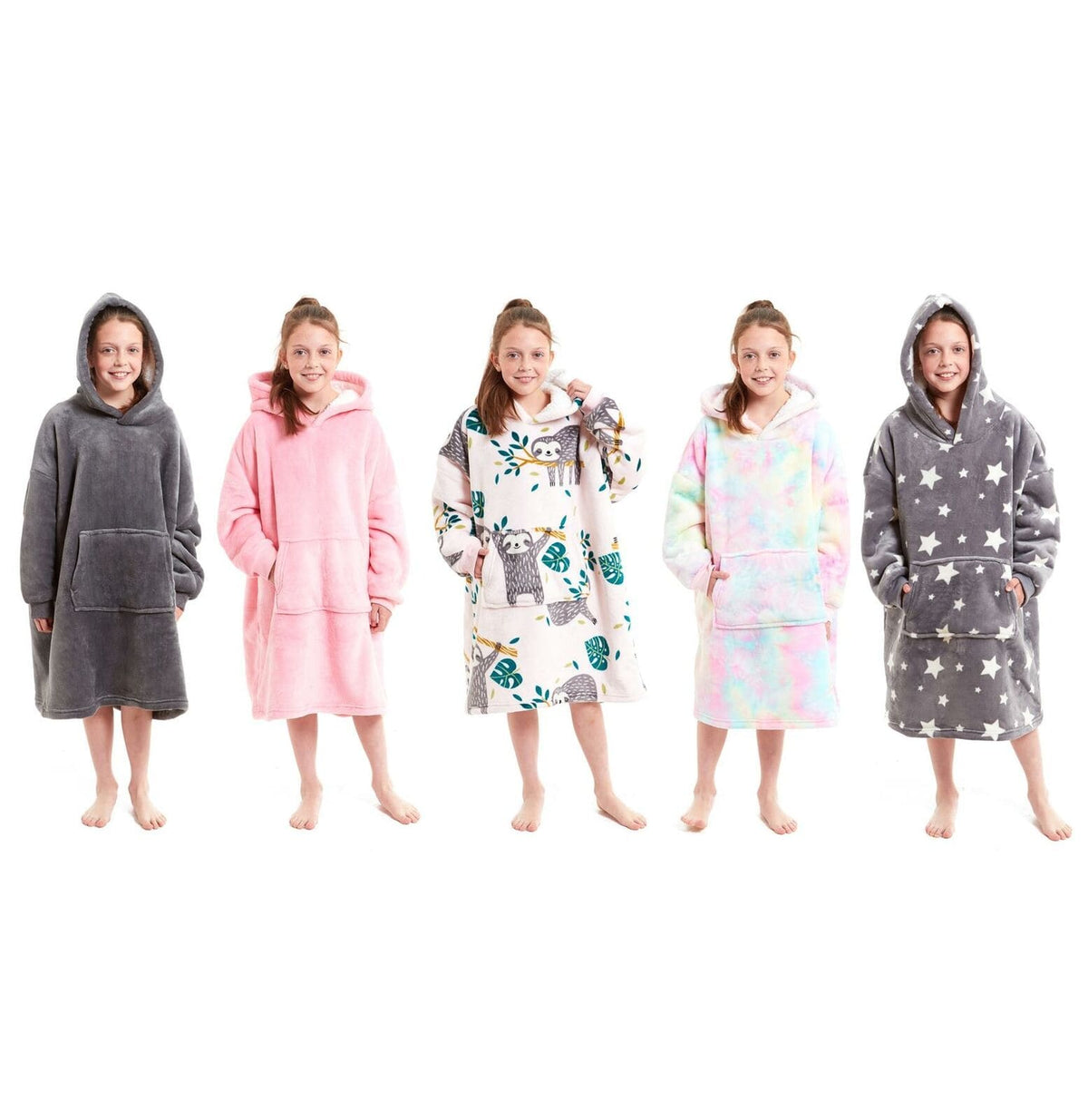 Kids Oversized Hooded Fleece Blanket With Sherpa Fur Elastic Cuffs Easy-Care Sofa and Bedroom Throw