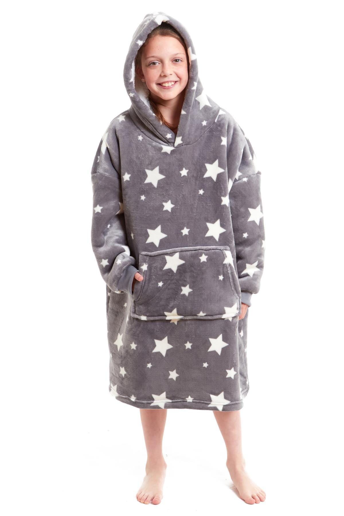 Kids Oversized Hooded Fleece Blanket With Sherpa Fur Elastic Cuffs Easy-Care Sofa and Bedroom Throw