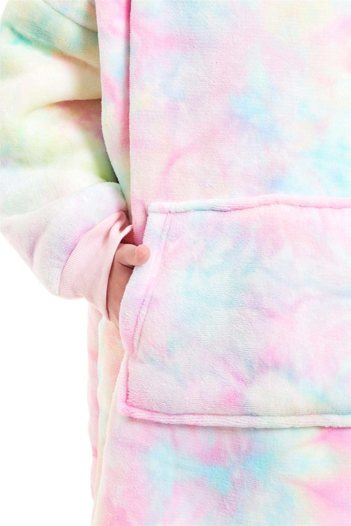 Kids Oversized Hooded Fleece Blanket With Sherpa Fur Elastic Cuffs Easy-Care Sofa and Bedroom Throw