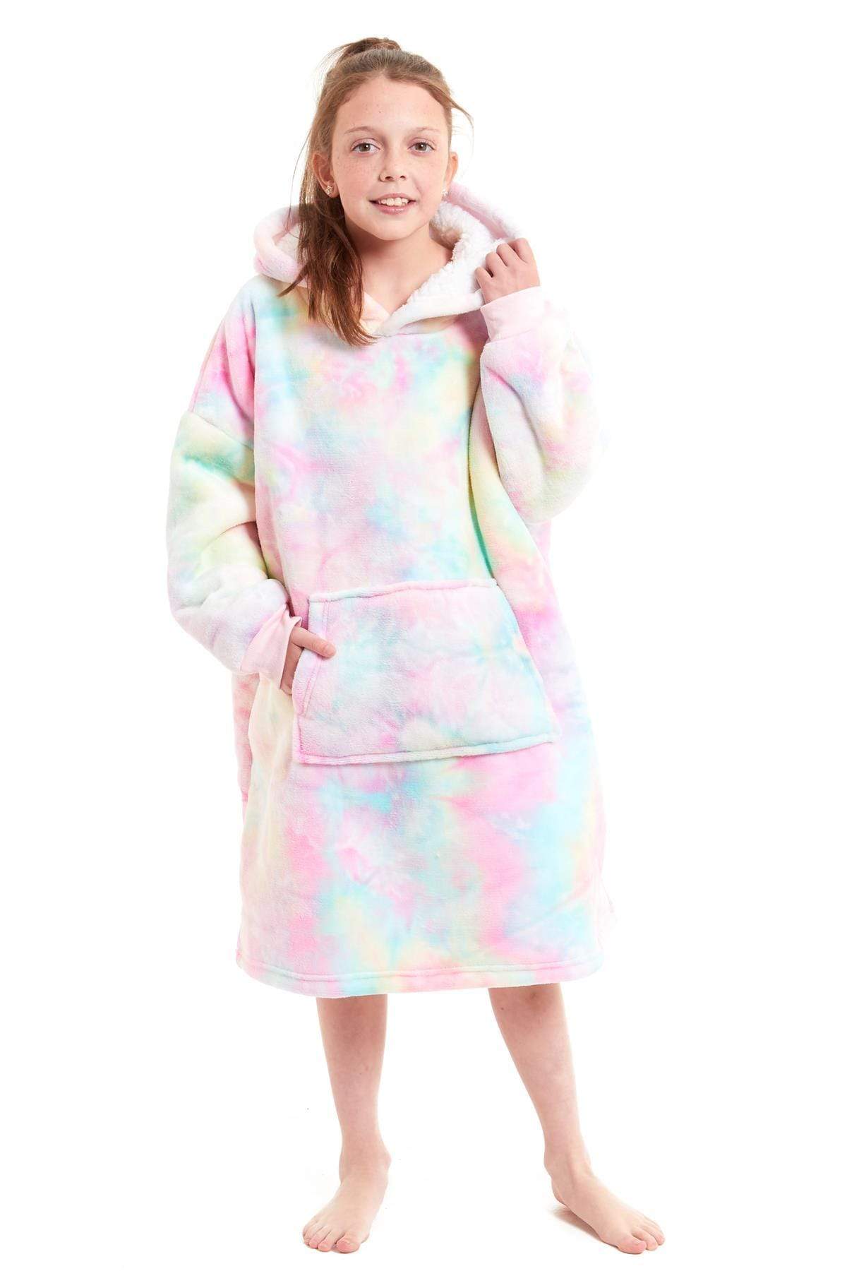 Kids Oversized Hooded Fleece Blanket With Sherpa Fur Elastic Cuffs Easy-Care Sofa and Bedroom Throw