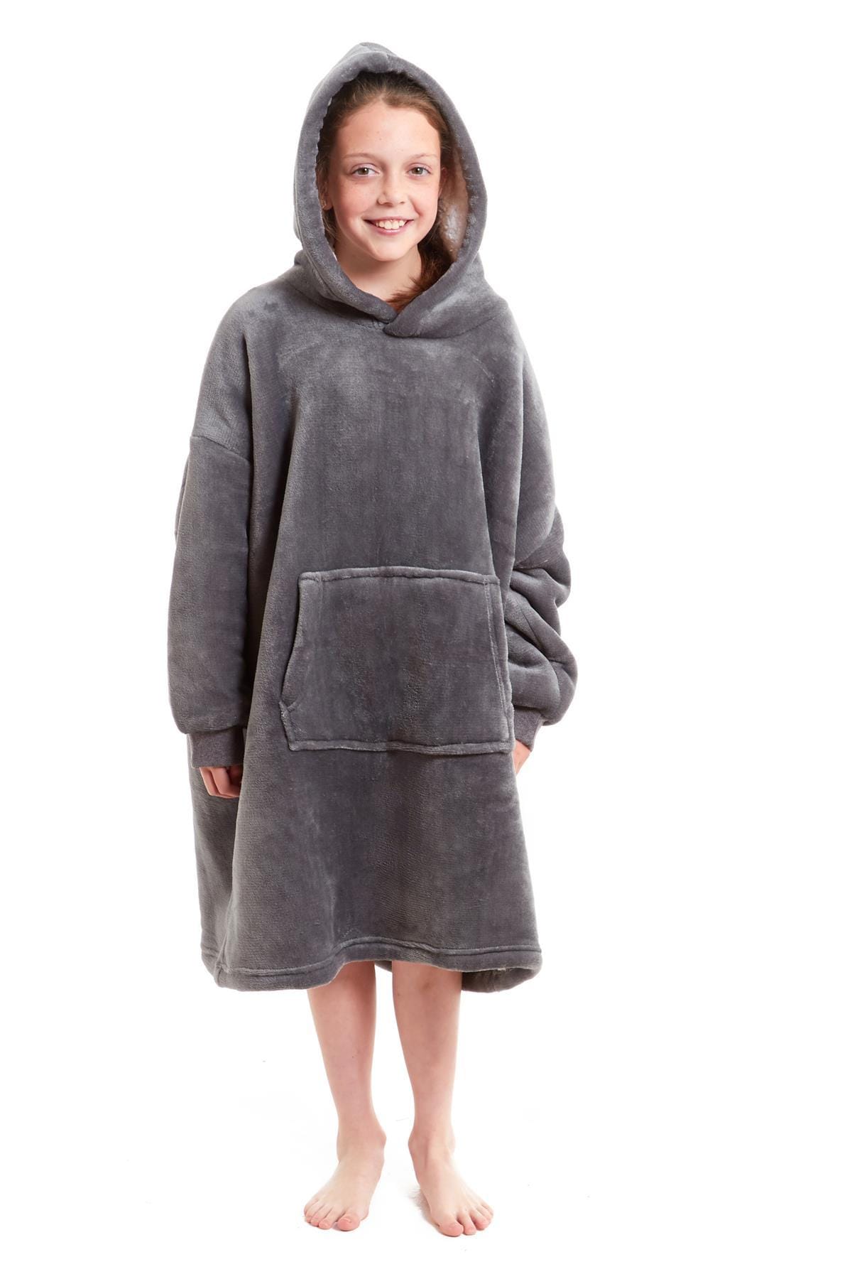 Kids Oversized Hooded Fleece Blanket With Sherpa Fur Elastic Cuffs Easy-Care Sofa and Bedroom Throw