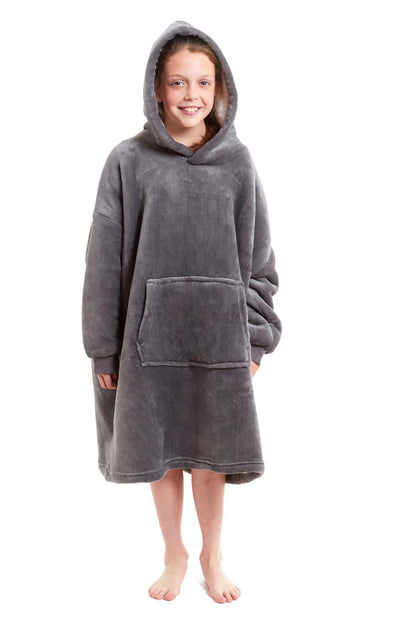 Kids Oversized Hooded Fleece Blanket With Sherpa Fur Elastic Cuffs Easy-Care Sofa and Bedroom Throw