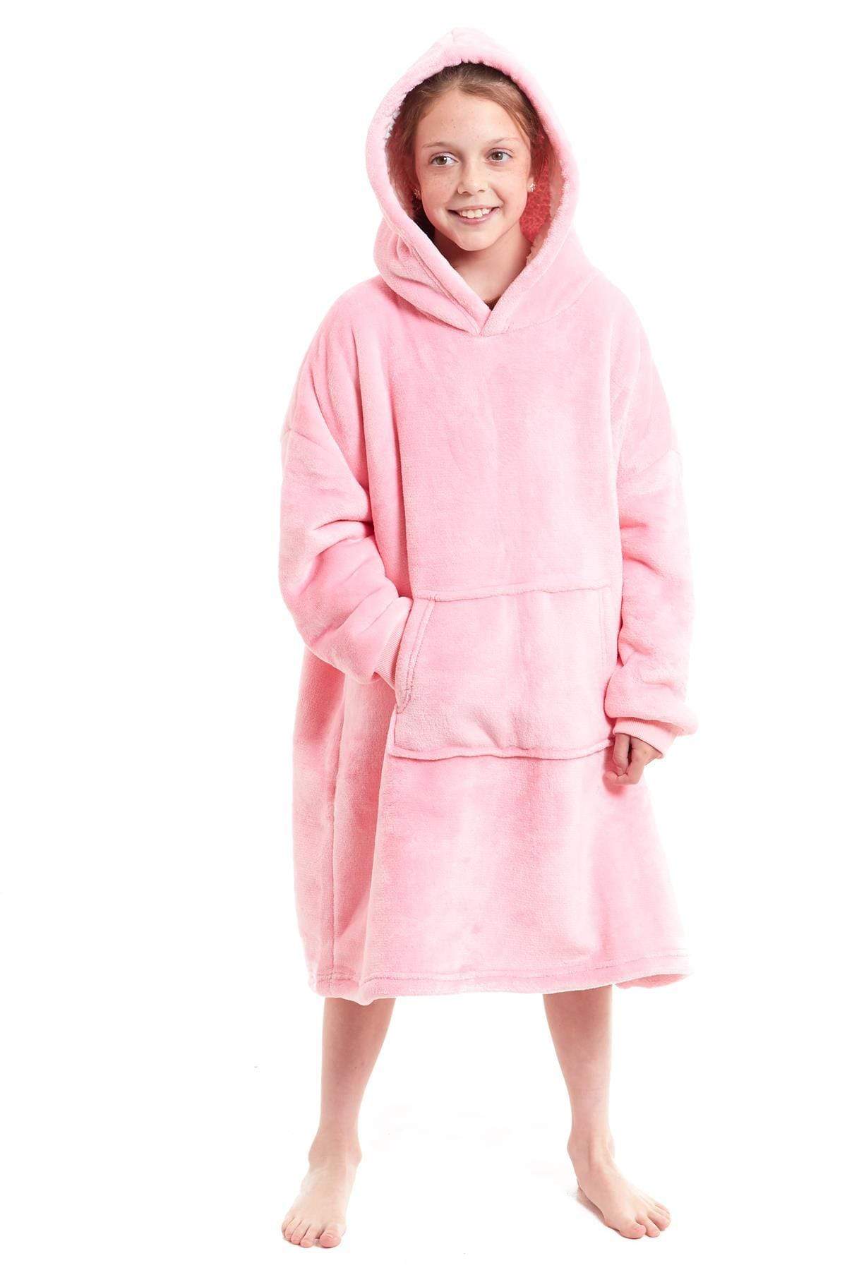 Kids Oversized Hooded Fleece Blanket With Sherpa Fur Elastic Cuffs Easy-Care Sofa and Bedroom Throw