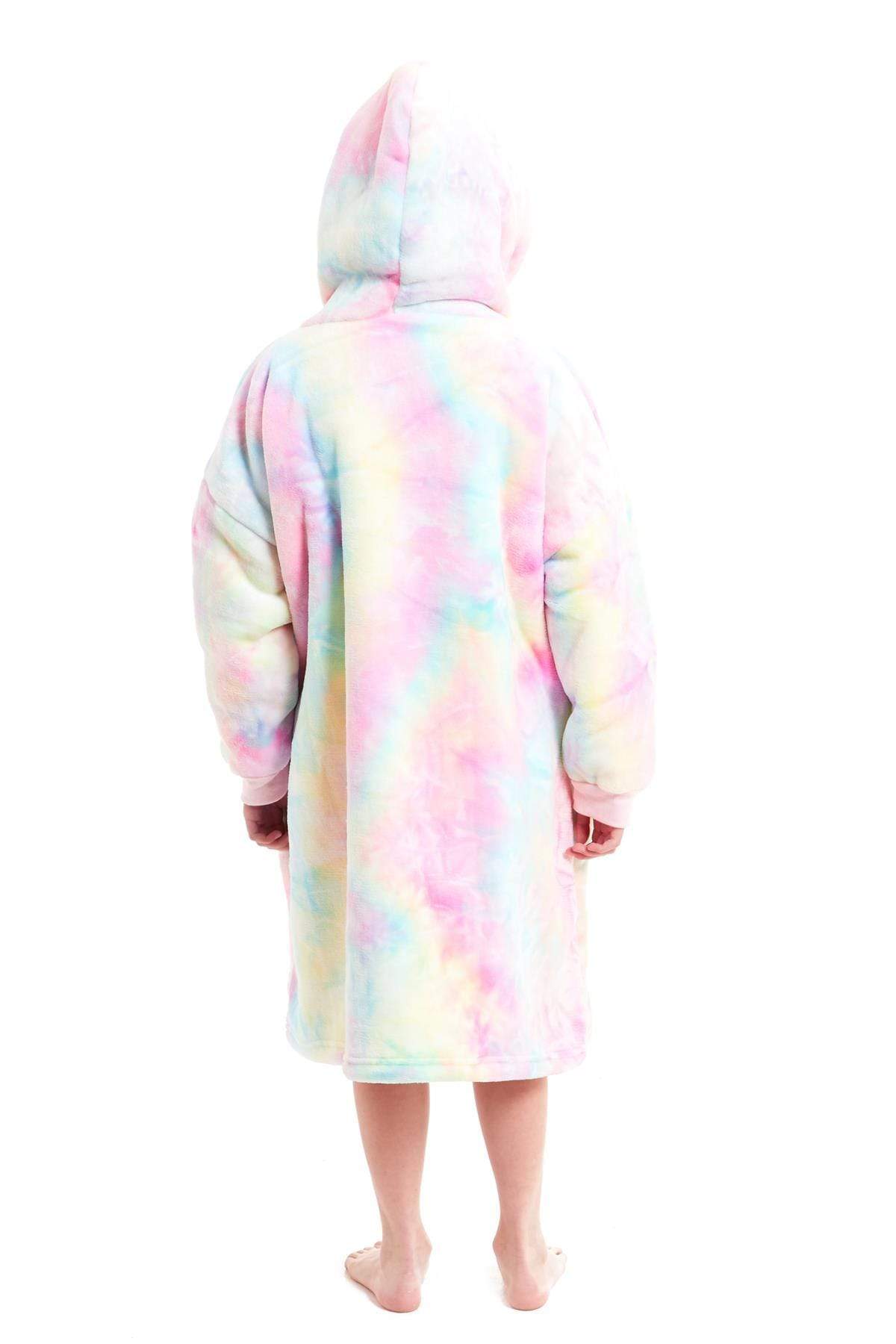 Kids Oversized Hooded Fleece Blanket With Sherpa Fur Elastic Cuffs Easy-Care Sofa and Bedroom Throw