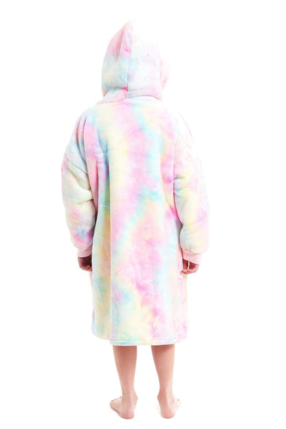Kids Oversized Hooded Fleece Blanket With Sherpa Fur Elastic Cuffs Easy-Care Sofa and Bedroom Throw