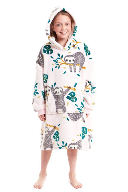 Kids Oversized Hooded Fleece Blanket With Sherpa Fur Elastic Cuffs Easy-Care Sofa and Bedroom Throw