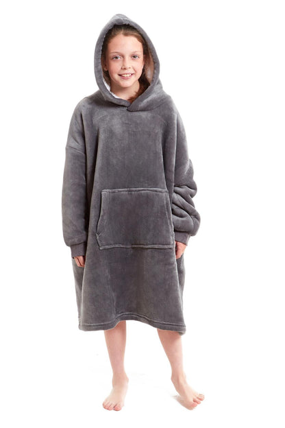Kids Oversized Hooded Fleece Blanket With Sherpa Fur Elastic Cuffs Easy-Care Sofa and Bedroom Throw