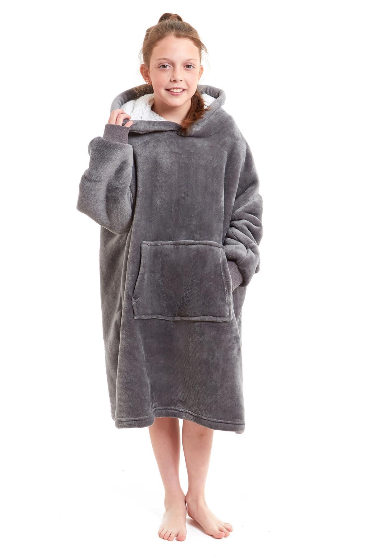 Kids Oversized Hooded Fleece Blanket With Sherpa Fur Elastic Cuffs Easy-Care Sofa and Bedroom Throw
