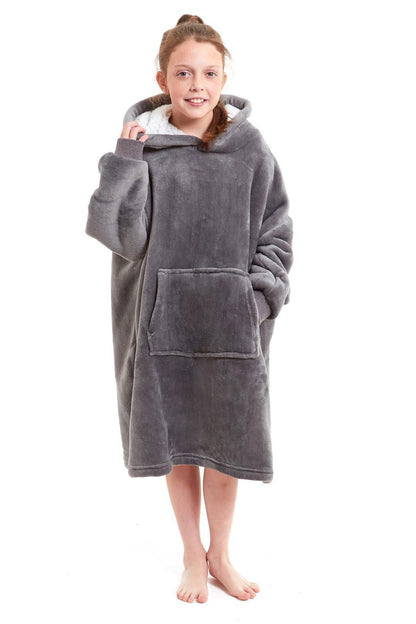 Kids Oversized Hooded Fleece Blanket With Sherpa Fur Elastic Cuffs Easy-Care Sofa and Bedroom Throw