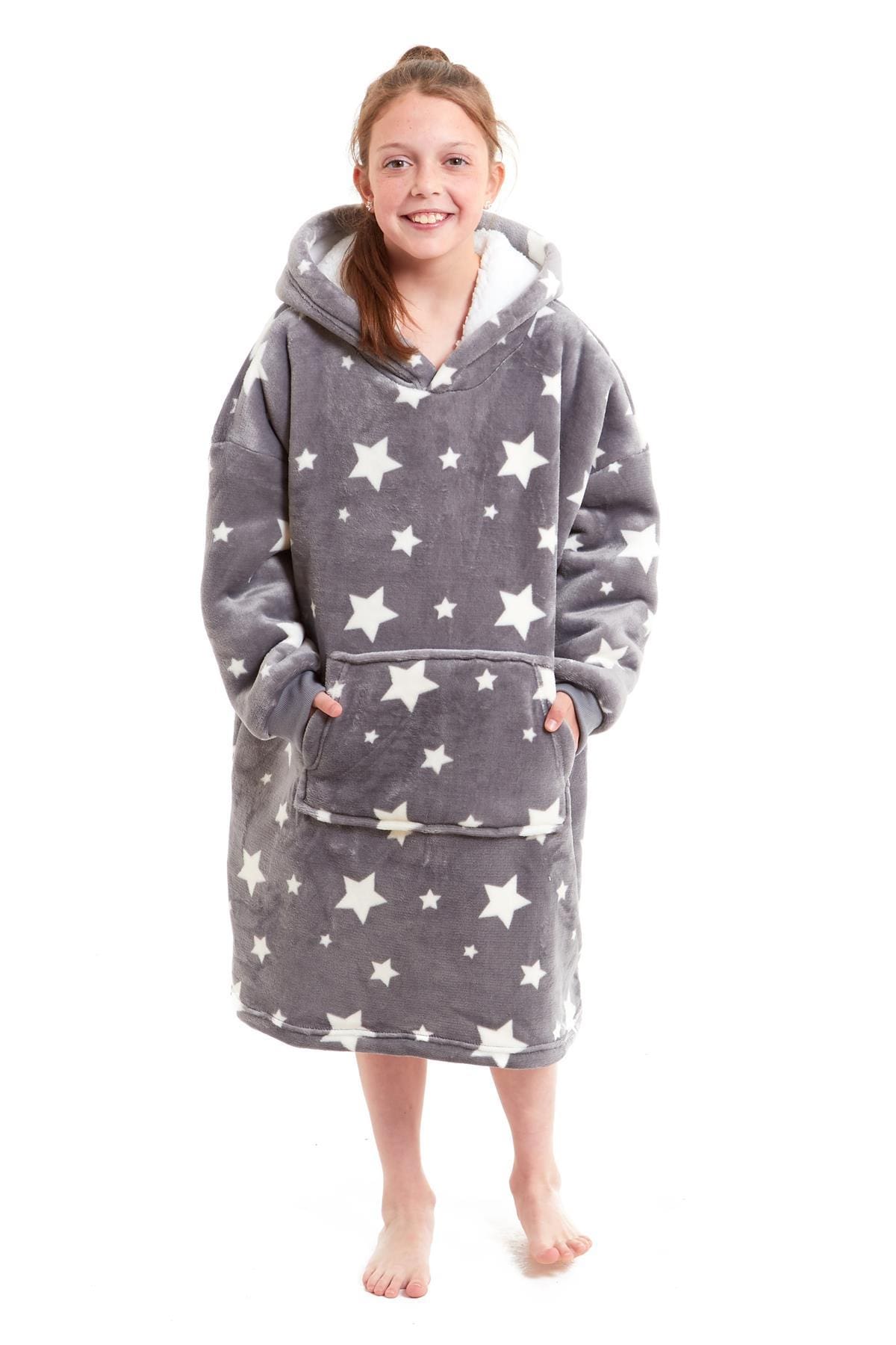 Kids Oversized Hooded Fleece Blanket With Sherpa Fur Elastic Cuffs Easy-Care Sofa and Bedroom Throw
