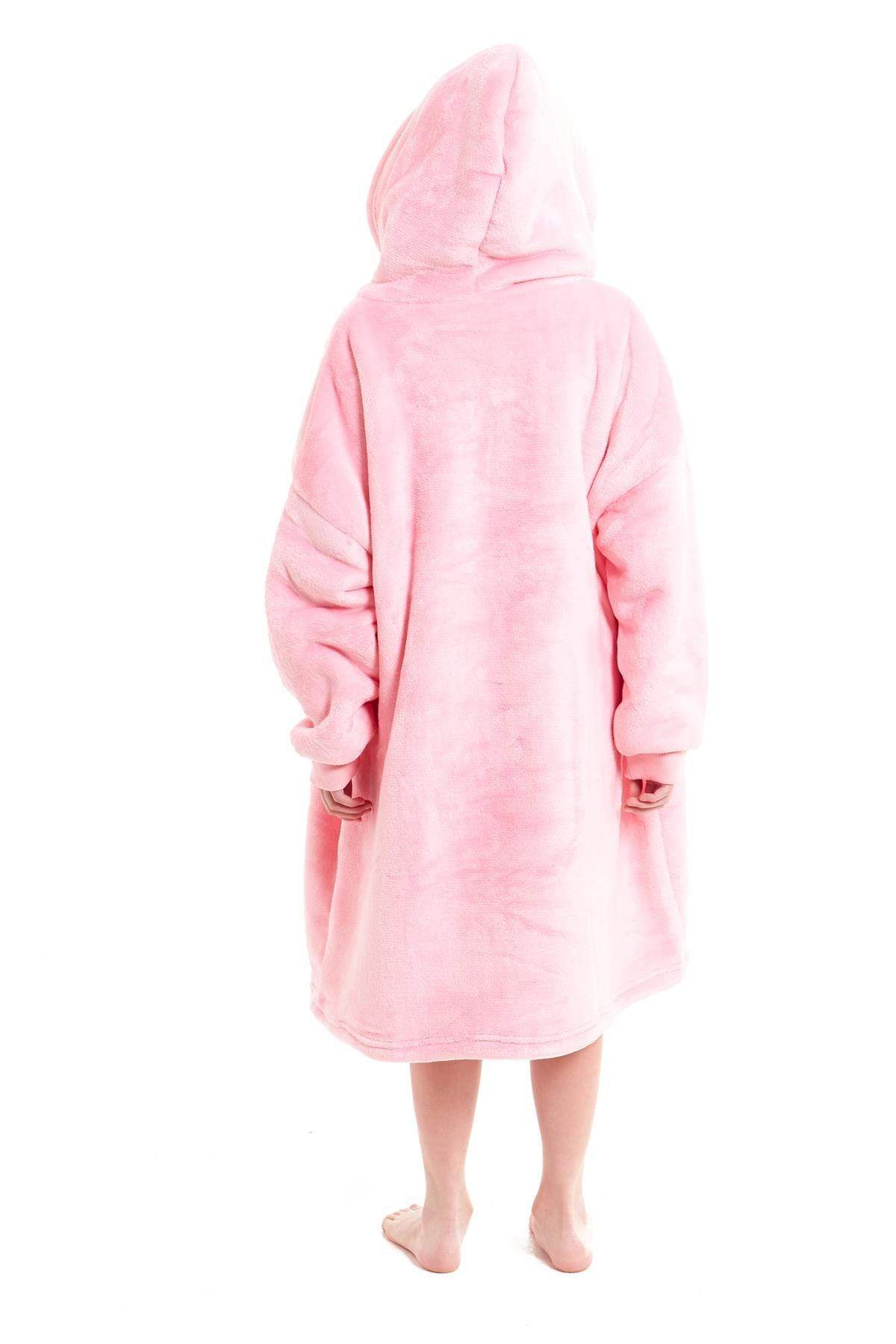 Kids Oversized Hooded Fleece Blanket With Sherpa Fur Elastic Cuffs Easy-Care Sofa and Bedroom Throw