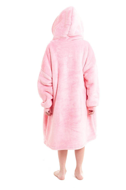 Kids Oversized Hooded Fleece Blanket With Sherpa Fur Elastic Cuffs Easy-Care Sofa and Bedroom Throw