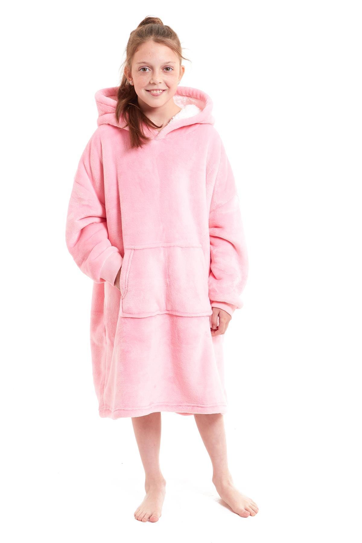 Kids Oversized Hooded Fleece Blanket With Sherpa Fur Elastic Cuffs Easy-Care Sofa and Bedroom Throw