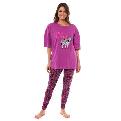 Ladies Oversized Cotton T Shirt And Leggings PJ Set With Giraffe And Zebra
