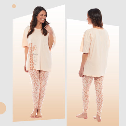 Ladies Oversized Cotton T Shirt And Leggings PJ Set With Giraffe And Zebra