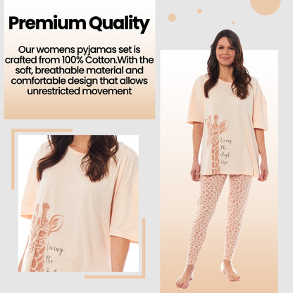 Ladies Oversized Cotton T Shirt And Leggings PJ Set With Giraffe And Zebra