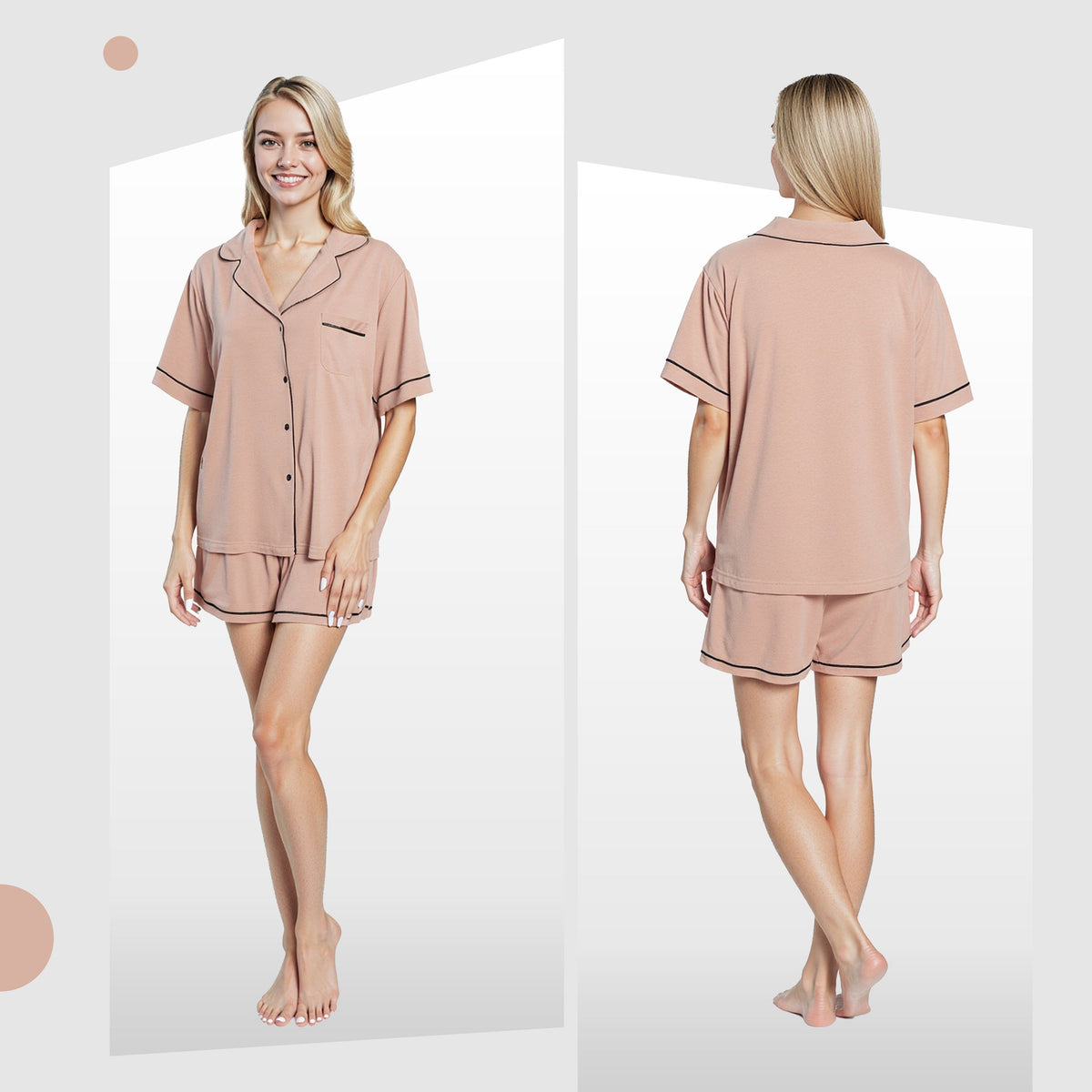 Women's Natural Short Pyjama Set Button Up Top And Shorts With Pockets