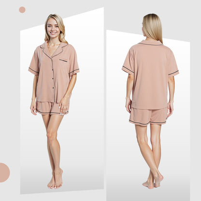 Women's Natural Short Pyjama Set Button Up Top And Shorts With Pockets
