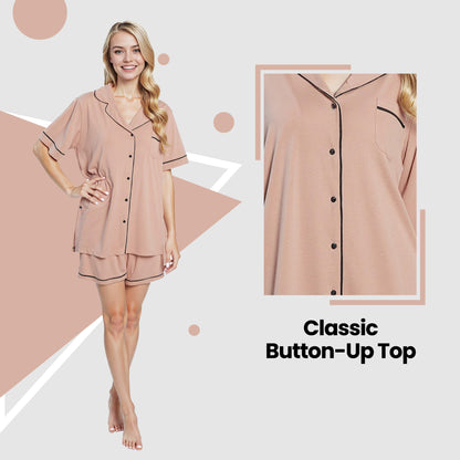 Women's Natural Short Pyjama Set Button Up Top And Shorts With Pockets